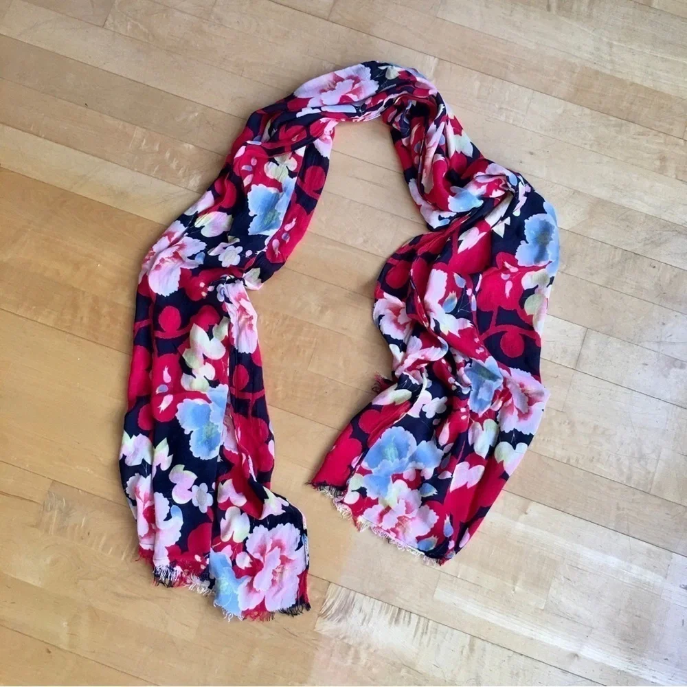 Floral, Lightweight Fringe Scarf, Navy Blue, Light Blue, Red, Pink, Yellow